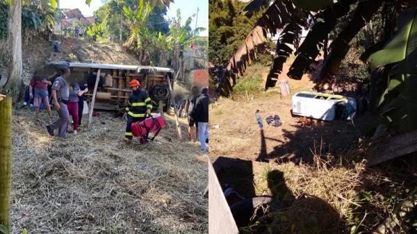 Van escolar com crianças cai em barranco em Várzea Paulista